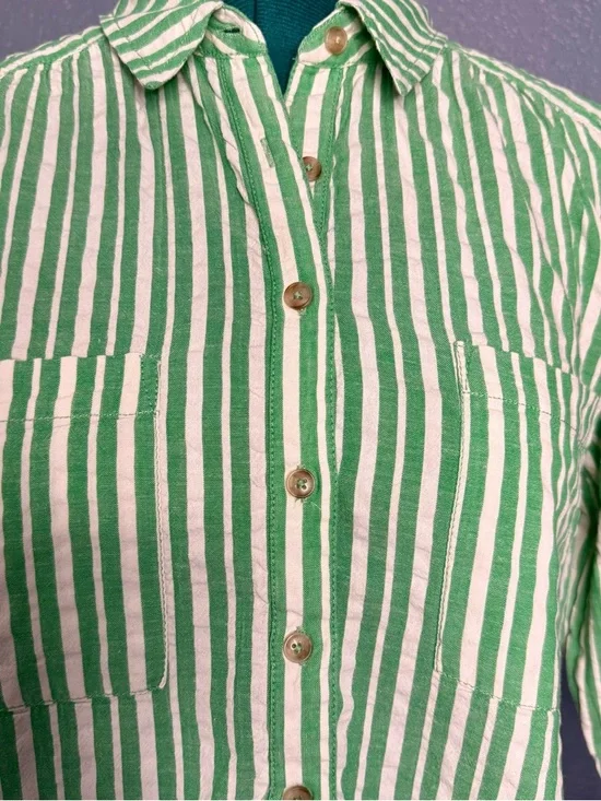 Pilcro Striped Button Down Shirt L Green White Cotton Long Sleeve - Picture 7 of 9